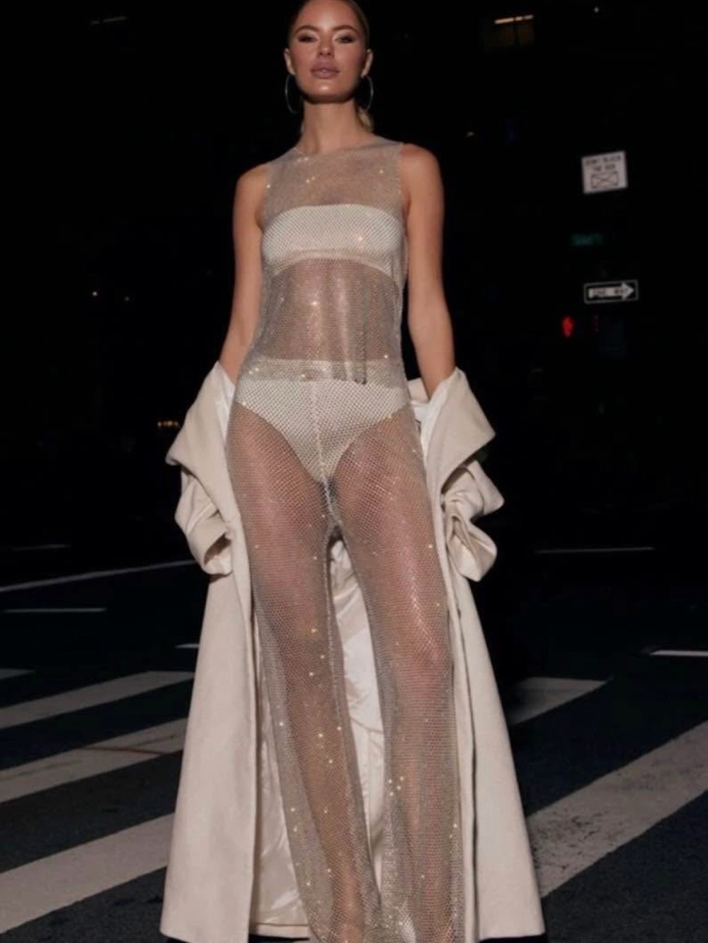 Meshki Sheer Crystal Mesh Maxi Dress in Ivory